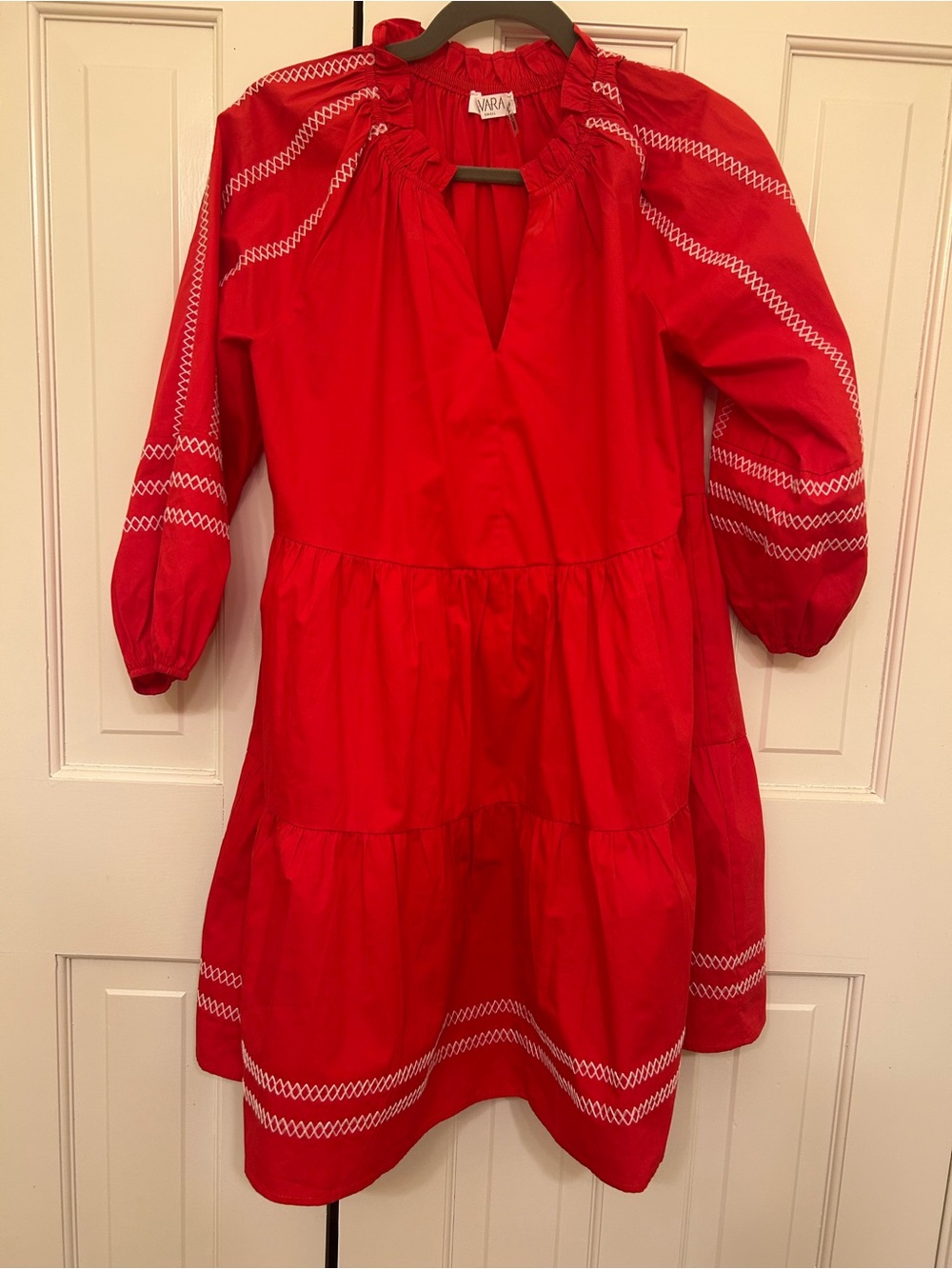 Avara Red Embroidered Tiered Mini Dress